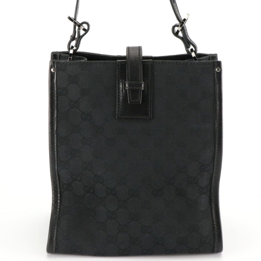 Authentic Gucci Square Vertical Black GG Canvas Leather Tote Shoulder Bag